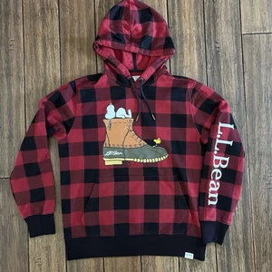 Lands End Peanuts Buffalo Check Hoodie Sweatshirt Fleece Medium Red Black Men’s - Picture 1 of 9