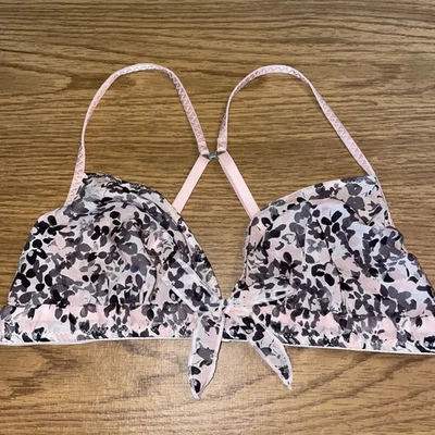 Victoria’s Secret 100% 真丝胸罩花卉粉色/黑色小号蝴蝶结赛车 — 第 1/4 张图片