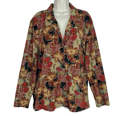 Chico's Soft Slinky Floral Knit Blazer Jacket Sz 3 (XL/16) Red Gold Black Button - Image 1 of 4