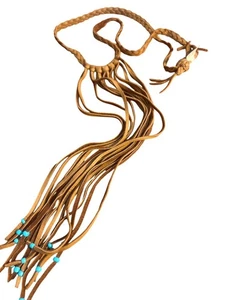 Braided Leather Tassel Necklace Turquoise Color Beads Slide Adj Fringe Festival - Picture 1 of 5