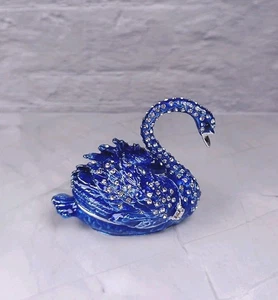 Metal Hand Painted Blue Swan Trinket Box Enamel & Rhinestone Finish New in Box - Picture 1 of 5