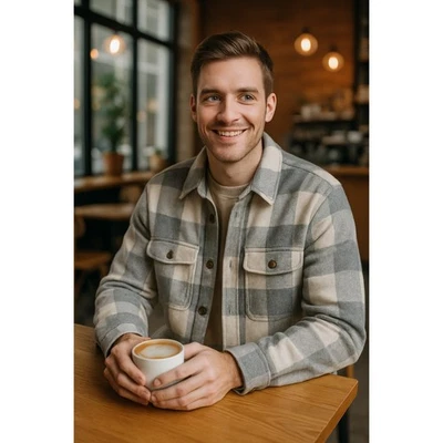 Old Navy Wool Blend Shacket Grey White Plaid Button Front Unisex L - Image 1 of 4