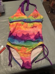 Justice Girls Tropical Print Multicolor Halter Swimsuit Size 10 - Picture 1 of 6
