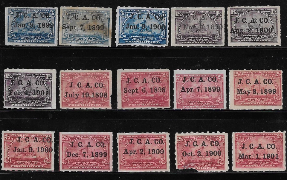 15 DIFFERENT J. C. AYER PROPRIETARY BATTLESHIP REVENUES w T-1 PRINTED CANCELS - Image 1 of 1