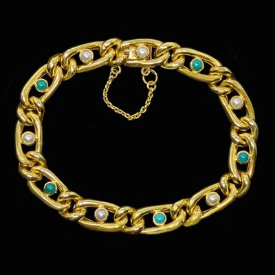 Victorian 15ct Gold Turquoise & Pearl Curb Link Bracelet English Antique c.1880 - Image 1 of 4
