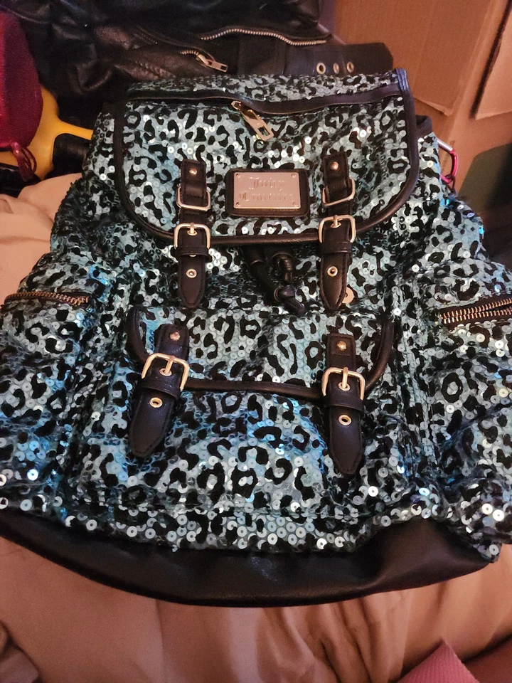 Juicy Couture Sequin Backpack Teal Blue Leopard Bag Buckles Animal Print - Image 1 of 1