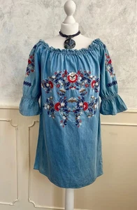 DENIM & CO Blue Chambray Denim Floral Embroidered Boho Summer Blouse Top 12 - Picture 1 of 6