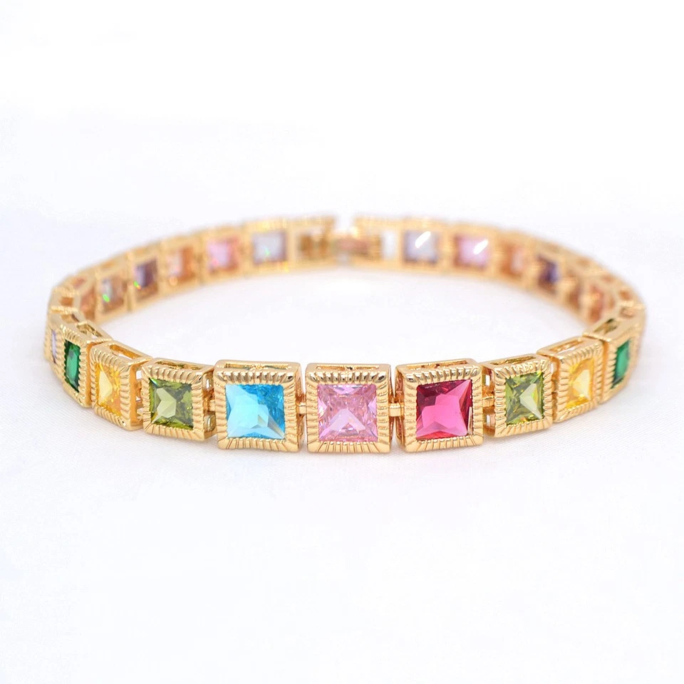 Brazalete cuadrado topacio multicolor de lujo relleno de oro amarillo de 18 quilates para mujer Foto 1 de 1