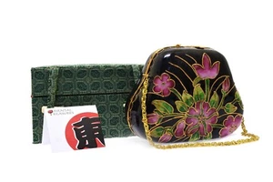 Cloisonné Handtasche Schmuckschatulle schwarz rosa Blumen 3,5" neu Stoff Geschenkbox - Bild 1 von 4