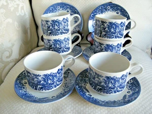 6 juegos de 6 tazas planas y platillos Currier & Ives Blue Churchill azul de colección - Imagen 1 de 3