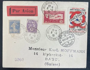 1930 Vincennes France Airmail Cover To Basel Switzerland National Aviation Label - Picture 1 of 2