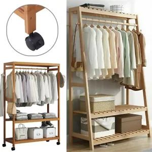 Mobiler Kleiderschrank Holz Garderobenschrank offen Garderobe auf Rollen Regal - Bild 1 von 31