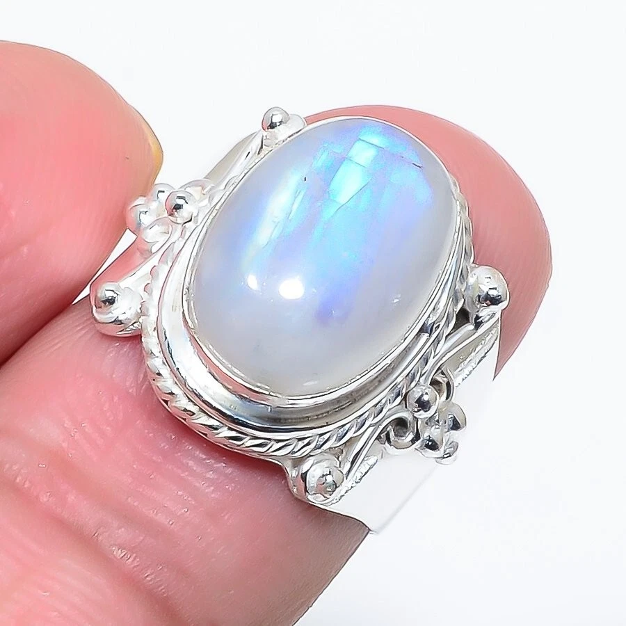 Natural Rainbow Moonstone Gemstone 925 Sterling Silver Jewelry All Size Ring - Image 1 of 1