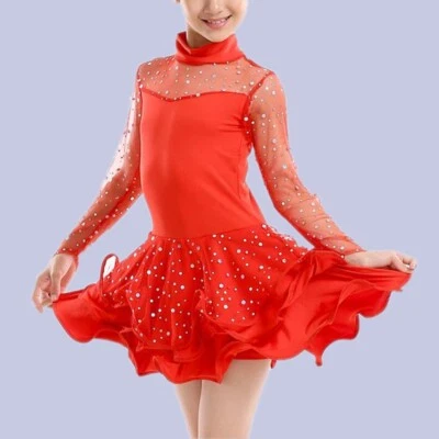 Kid Girls Salsa Latin Dance Dress Glitter Mesh Sequin Dancewear Ruffled Practice - Image 1 of 4