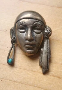 Vtg Native American Indian Brave Face Head Silver & Turquoise Pin Mexico Taxco - Picture 1 of 12