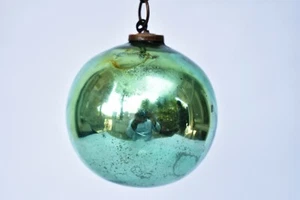 Antique German Kugel Green Christmas Ornament Brass Cap Mercury Glass Ball "495 - Zdjęcie 1 z 9