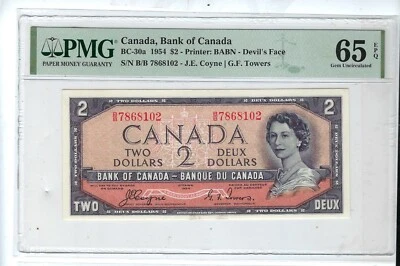 1954  Canada ** DEVILS FACE** $2 BC-30a PMG 65 EPQ - Image 1 of 2