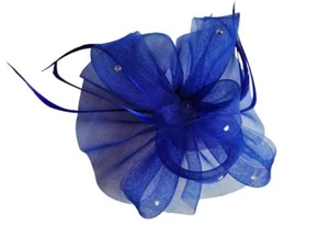 NEW Royal Blue Looped Net Feather Crystal Gem Clip Fascinator Wedding Races Prom - Picture 1 of 2