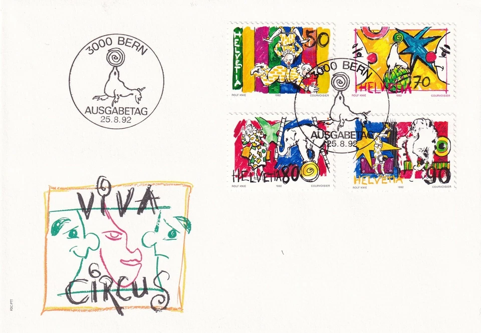 SWITZERLAND 1992 FIRST DAY COVER, WORLD OF CIRCUS, CLOWNS ON TRAPEZE, SEA LION  - Image 1 of 1