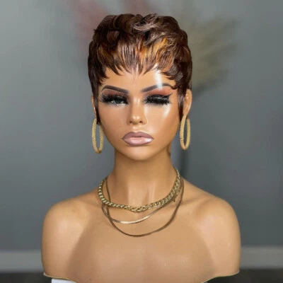 Short Brown Pixie Cut Wig Human Hair Wigs with Bangs Blonde Highlight Fashion  - Image 1 of 4