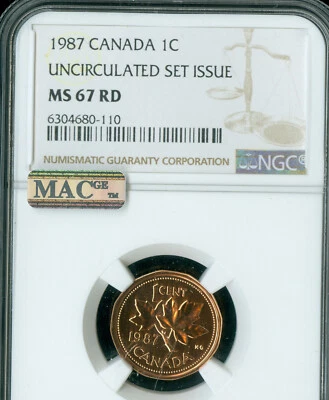 1987 CANADA CENT NGC MS67 RD PQ MAC SPOTLESS . - Image 1 of 2