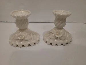 Lefton White Porcelain Oval Candle Sticks With Roses Set - Picture 1 of 11