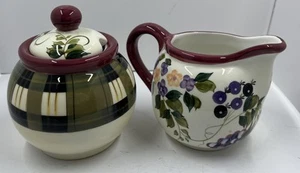Oneida Strawberry Plaid Hand Painted Sugar Bowl And Creamer Set  4” - Picture 1 of 11
