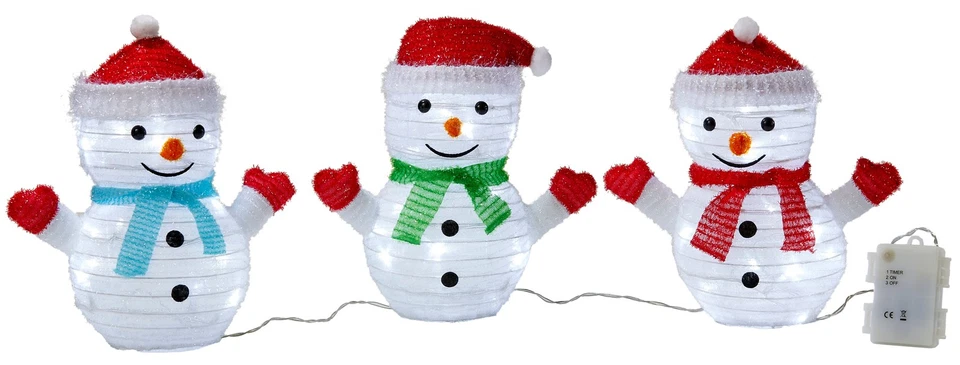 LED Weihnachtsfiguren Set: 3 beleuchtete Schneemänner Timer Perfekte Winterdeko - Bild 1 von 4