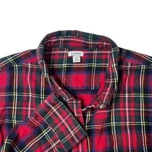 LL BEAN Top Womens L Whisperweight Flannel Plaid Mandarin Button Up Cotton Red - Picture 1 of 7