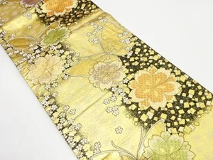 Silk Kimono Obi with Cherry Blossom Pattern, Gold & Black, Excellent Used Condi - Imagen 1 de 7