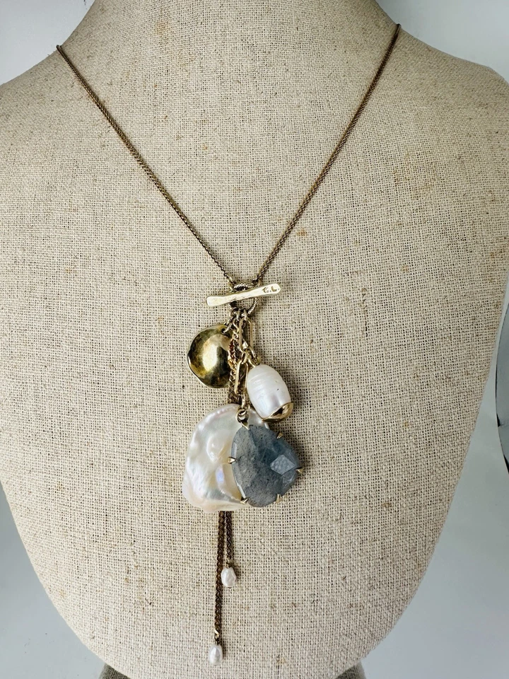 Chan Luu Gold Tone Baroque Pearl Labradorite Charm Toggle Necklace 30” - Image 1 of 4