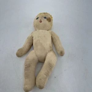 Muñeca vintage de tela de peluche primitiva hecha a mano con ojos azules 13" - Imagen 1 de 19