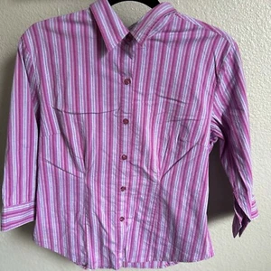 DCC Missy Stretch Womens L Purple Pink Striped Button Up 3/4 Sleeve Cotton Blend - Picture 1 of 8