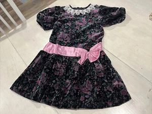 Bonnie Jean New York Dress Girls 6X Floral Velvet Drop Waist Bow & Lace Trim - Picture 1 of 12