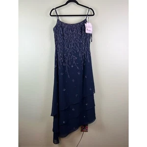 Abito da sera vintage Y2K Jovani taglia 12 blu navy paillettes orlo a strati asimmetrico - Foto 1 di 9
