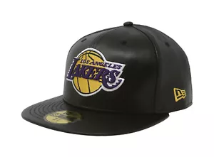 New Era 59Fifty Cap NBA Los Angeles Lakers Mens Black Faux Leather Fitted Hat - Picture 1 of 5