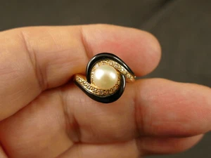14K GOLD 7MM PEARL W/ DIAMONDS & BLK ONYX COCKTAIL RING VINTAGE TUCSON ESTATE - Picture 1 of 9