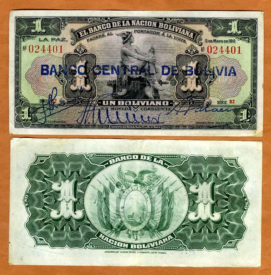 Bolivia, 1 bolivano, 1911 (1929), P-112, XF Blue Overprint, Hand Signed - Image 1 of 1