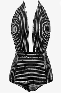 COCOSHIP Retro One Piece Backless Bather Swimsuit High Waisted Pin Up Black, 2X - Picture 1 of 4