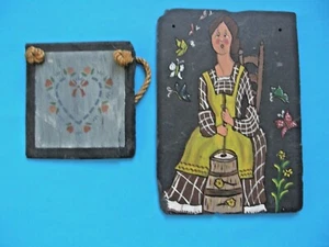 VINTAGE LOT OF 2 SLATE STONE HANDMADE HAND PAINTED WALL HANGER PLAQUE DECOR. - Picture 1 of 5