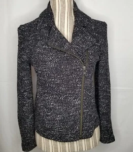 J Crew Women Moto Boucle Jacket Size 2 Tweed Blazer Black Full Zip Stretch - Picture 1 of 9
