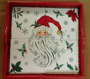 Vintage Christmas Ceramic Tile Tray Red Painted Wood Frame Santa 12" JC Penney  - Picture 1 of 9