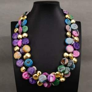 Collar de cuentas de moneda cepillado oro ágata jaspe océano mezcla natural de 3 filas de 20 mm - Imagen 1 de 9
