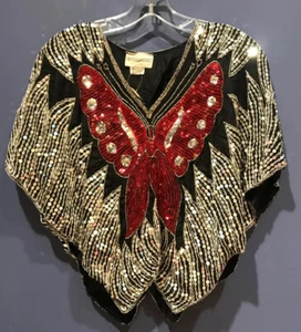 L ~ 2X Schmetterling Top Seide Pailletten Vintage Neu mit Etikett, freie Größe, passt 42" schwarz - Bild 1 von 4