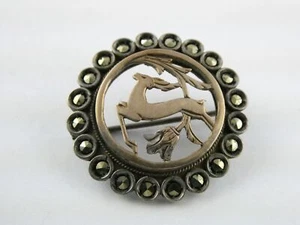 Broche prendedor antiguo eduardiano 900 plata oro 9K placa ciervo silueta marcasita - Imagen 1 de 12