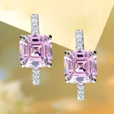 NEW 8mm Square Asscher Cut Pink Gems Charm Women Silver Studs Earring - Image 1 of 4
