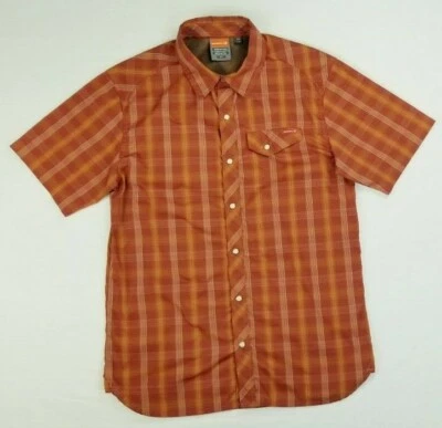 Merrell Logo Tag Opti Wick UPF 20+ Pearl Snap Rust Color Check Short Sleeve Sz S - Image 1 of 4
