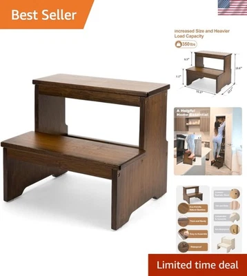 Bamboo Two Step Stool Portable Heavy Duty Kitchen Bathroom Kids Adults - Image 1 of 4