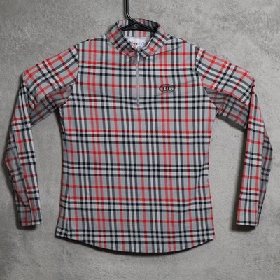 Camisa IBKUL Feminina Pequena Cinza Vermelha Preta Xadrez Quarto Zíper Decote Simulado UPF 50 - Imagem 1 de 4