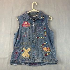 Chico’s Chaleco Denim Mujer’s Talla 2 Azul Sin Mangas Bordado Boho Patchwork - Imagen 1 de 15